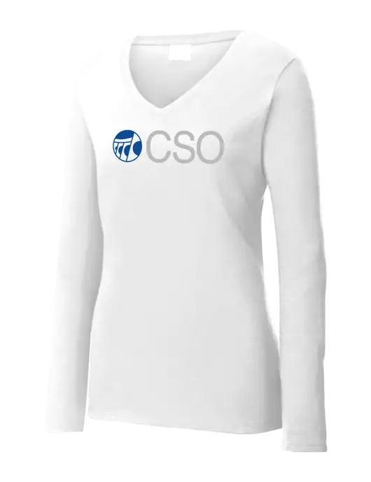 Womens  V-Neck Ring Spun White 4.5 oz Long Sleeve T-Shirt w/CSO Logo