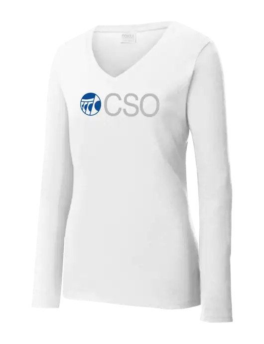 Womens  V-Neck Ring Spun White 4.5 oz Long Sleeve T-Shirt w/CSO Logo