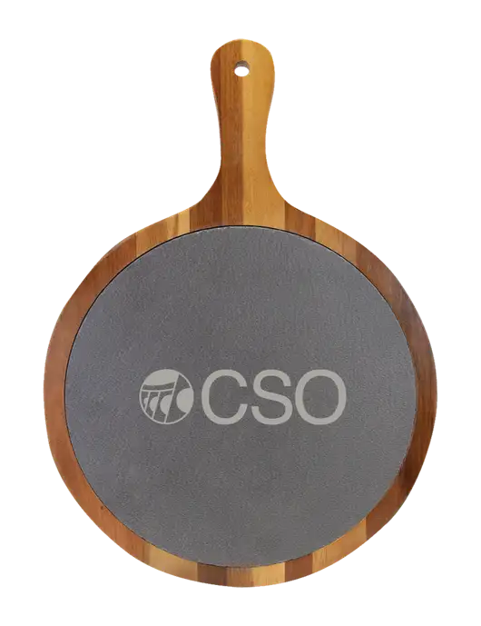 Acacia Wood & Slate Round Cutting Board & Handle 10.5 x 14.5 w/CSO Logo