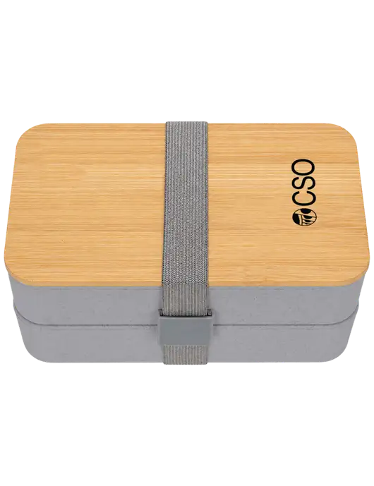 Double Decker Light Medium Grey Lunch Box w/Eco-Friendly FSC Bamboo Lid & Reusable Utensils w/CSO Logo
