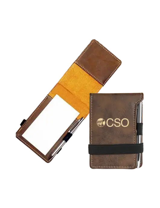 Rustic Leatherette Mini Notepad w/Pen, 3.25 x 4.75 w/CSO Logo