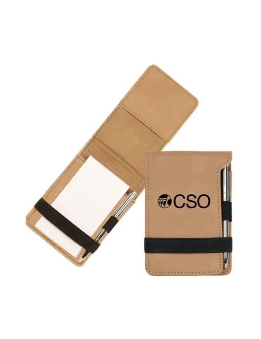 Tan Leatherette Mini Notepad with Pen,  3.25 x 4.75 w/CSO Logo